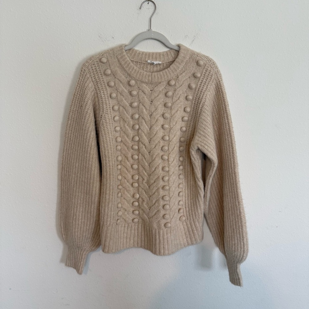 A Loves A Cream Crewneck Sweater Large Pom Pom Ribbed Ballon Sleeve